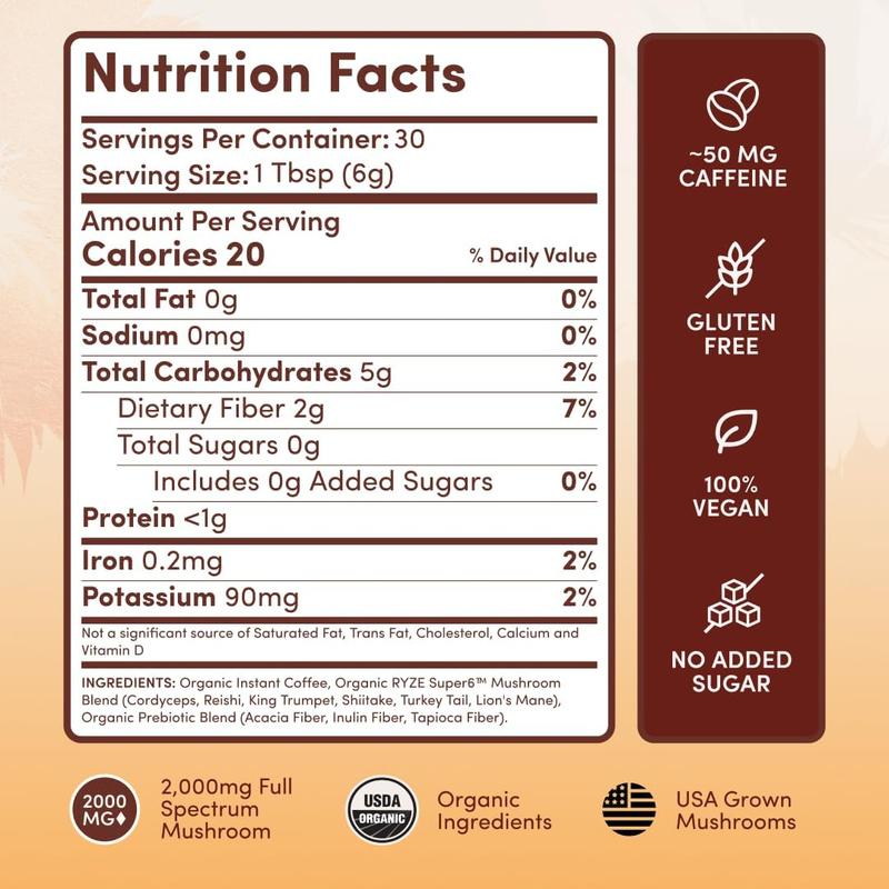 RYZE SUPERFOODS Mushroom Medium Roast Coffee USDA Organic with 6 Adaptogenic Mushrooms, USA Grown Instant Coffee for Better Energy, Focus Digestion Immunity with Lions Mane & Turkey Tail 30 Servings