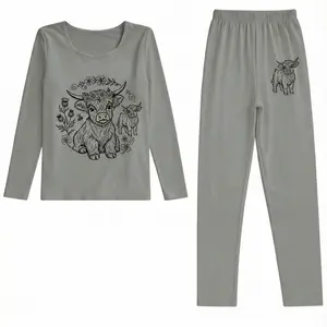Highland Cow Pajamas for Women, Soft Breathable Jersey Cotton Loungewear Set, Hand-Drawn Floral Cow Print Pjs, Relaxed Fit Sleepwear for Lounging & Sleeping, Perfect Gift for Animal Lovers