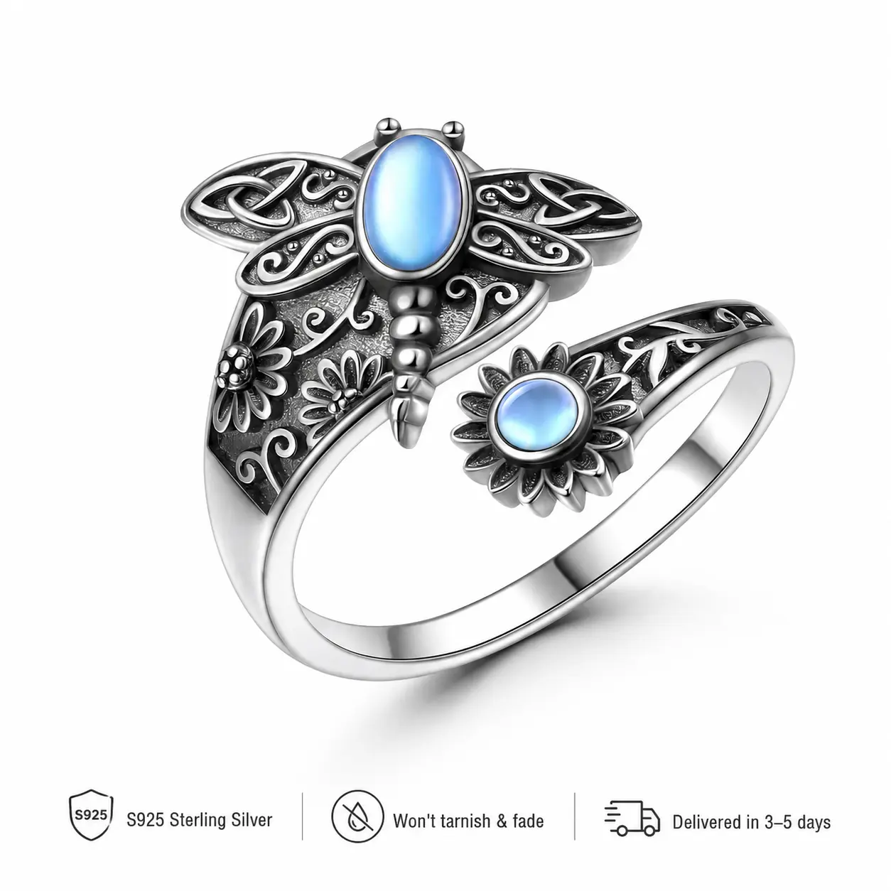 Women's 925 Sterling Silver Adjustable-Size Moonstone Open Mood Ring - Floral Accents, Sun Design, Blue Stones, Everyday Female Spiritual Gift Jewelry