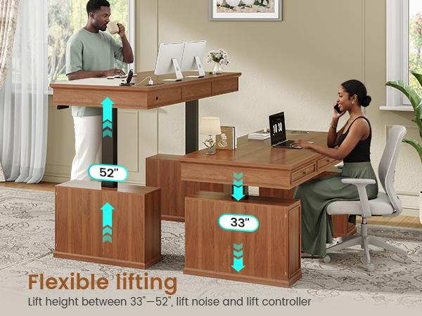 SEDETA 55.1 Inch Farmhouse Electric Standing Desk with 3 Drawers Height Adjustable Executive Office Desk with Storage Cabinet Computer Sit Stand Up Desk with Power Outlets