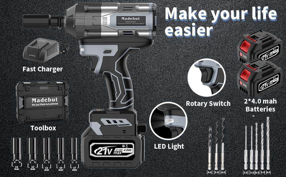 1000N.m Cordless Impact Wrench, All-Metal Cordless Impact Gun with 2 * 4.0Mah, 3-IN-1 Electric Impact Wrench with 5 Sleeves Power Tools