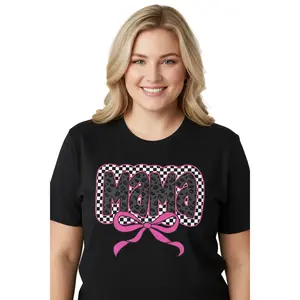Mama Checkered Leopard Bow Graphic Tshirt