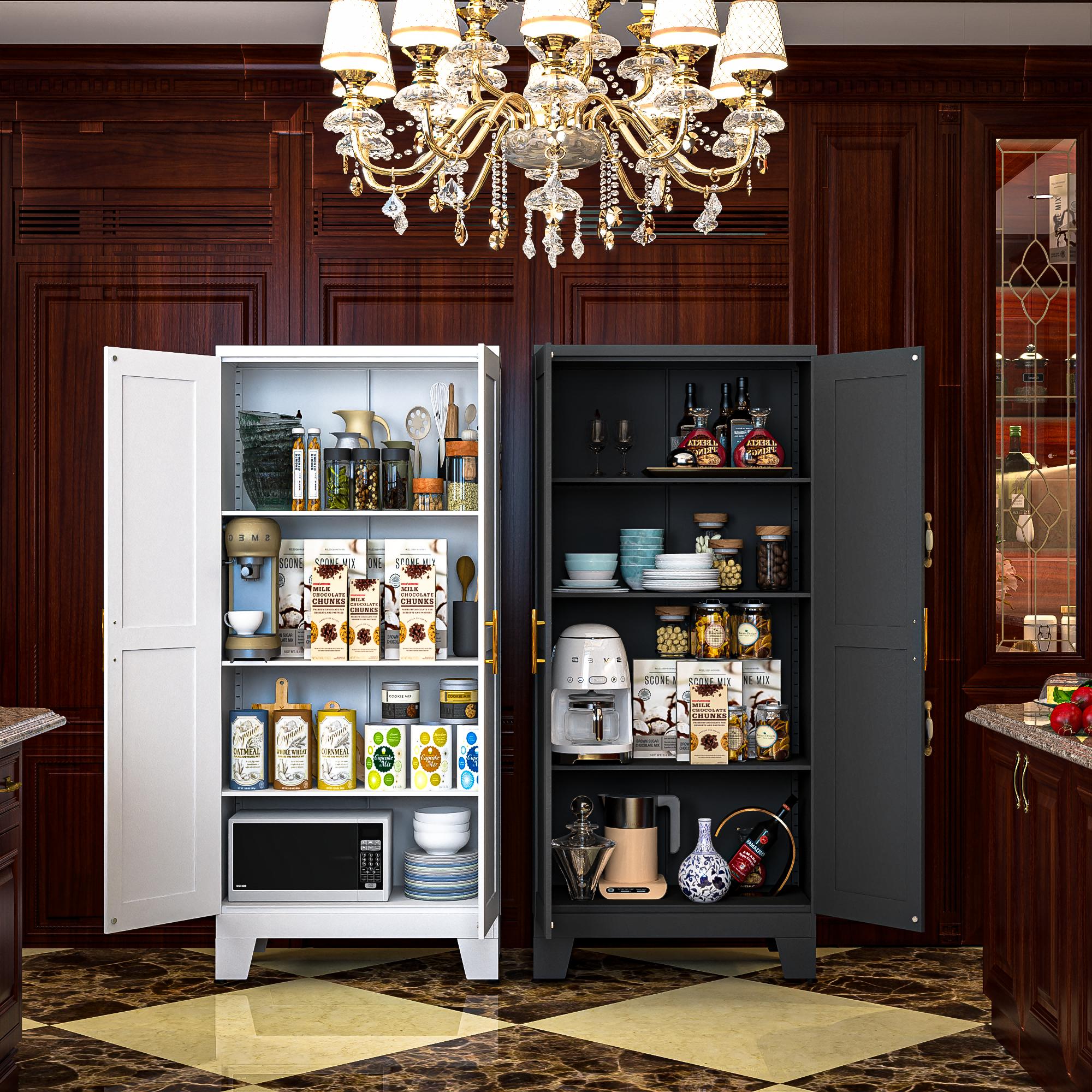 Metal Pantry Cabinet 61" with 2 Doors and Adjustable Shelves Kitchen Storage Cabinet with Gold Handles - Versatile Storage for Kitchen, Bathroom, Dining Room, Utility Room Furniture