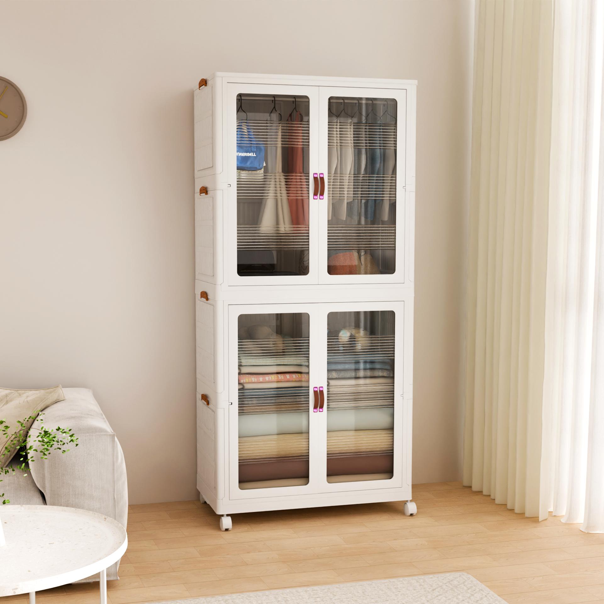 Stackable & Foldable Plastic Storage Cabinet with Lid Magnetic Doors & Locking Wheels Easy Assembly for Living Rooms Kitchens Dorm Rooms