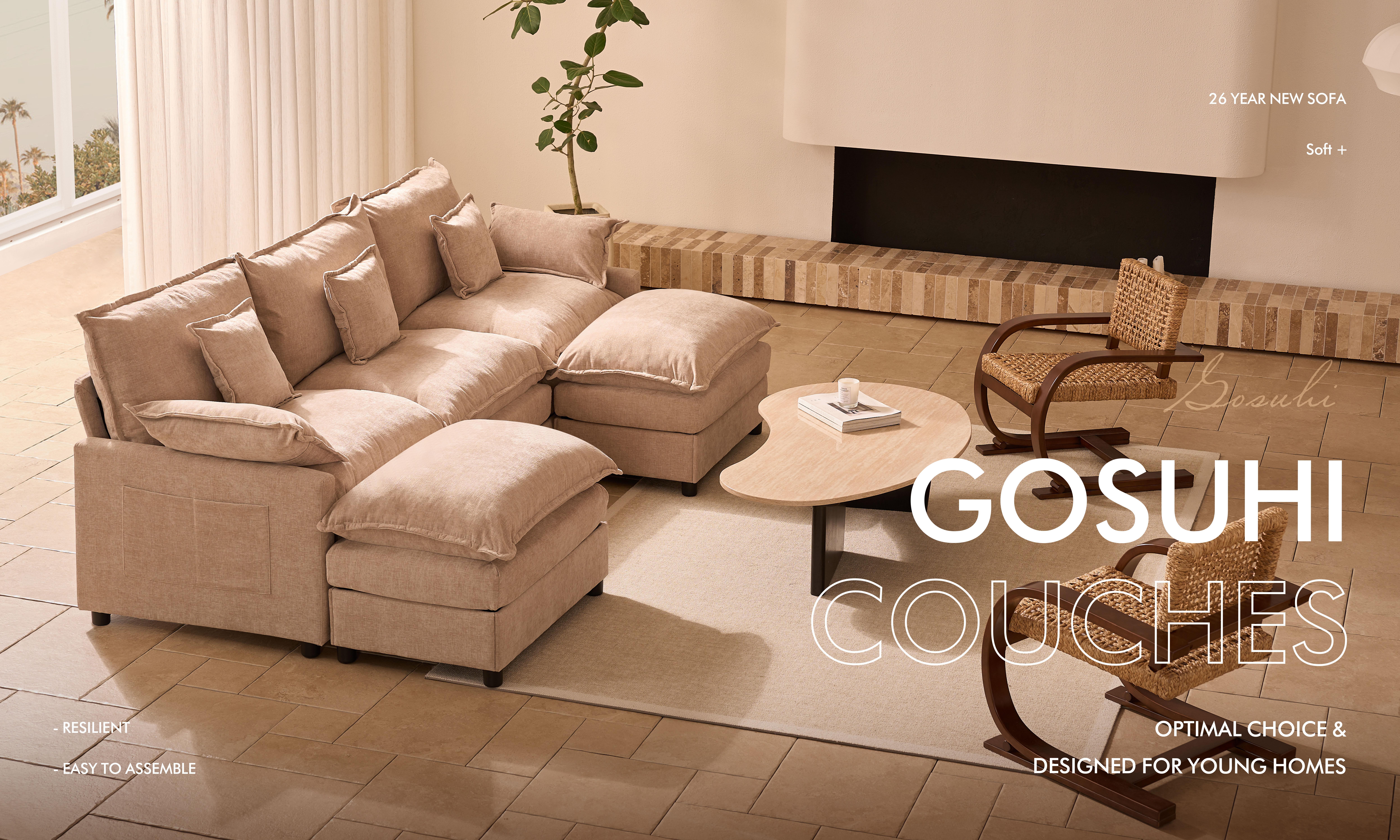GOSUHI | 108" U-Shaped Modular Cloud Sofa, 3-Seater Sectional with 2 Movable Ottomans,Deep Seat,Chenille,Linen