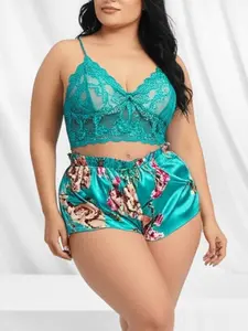 Plus Size Satin Lingerie Set Floral Print Pajamas Lace Bralette And Shorts 2 Piece Sleepwear Sexy Nightwear Valentine Day Gift For Her Curvy Women Comfortable Silky Lounge Set Deep V Neck Camisole Soft Intimates