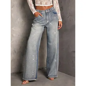 Women's Rhinestone Wide-Leg Jeans, Mid-Waist Stylish Wide-Leg Pants, Heavy-Duty Full-Rhinestone Denim Trousers, Suitable For All Seasons