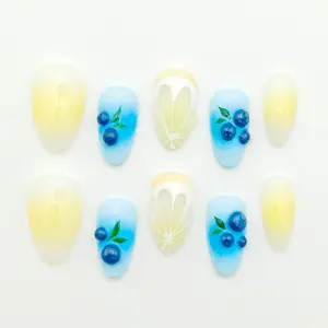 Moonovate | LEMON BERRY 10pcs Handmade Press On Nails Almond Nails REUSABLE 3D Gel Fake Nails Acrylic Press On Nails