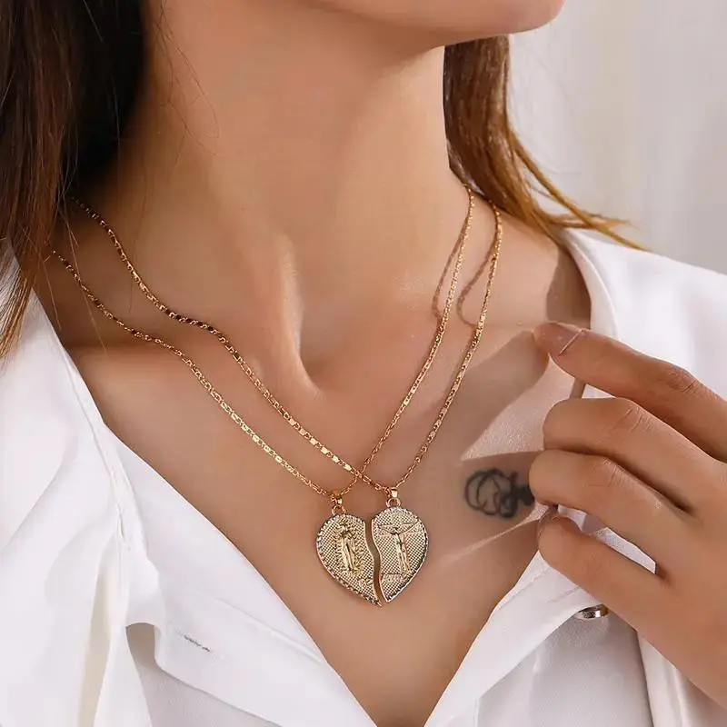 Virgin Mary Heart Necklace 18K Gold Plated Double Chain Combination Prayer Pendant for Women & Men TE AMO Inscribed Couple Necklace Religious Symbolism Elegant Dual Heart Design 45cm Chain Length Gold Signature Cross