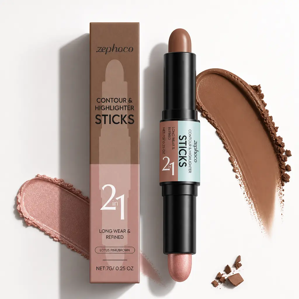 2-in-1 Double-Head Cream Contour & Glowy Highlighter Stick, 0.25oz Blendable Smooth Blur Makeup with Foundation for Daily Face Sculpting, Shimmer Finish
