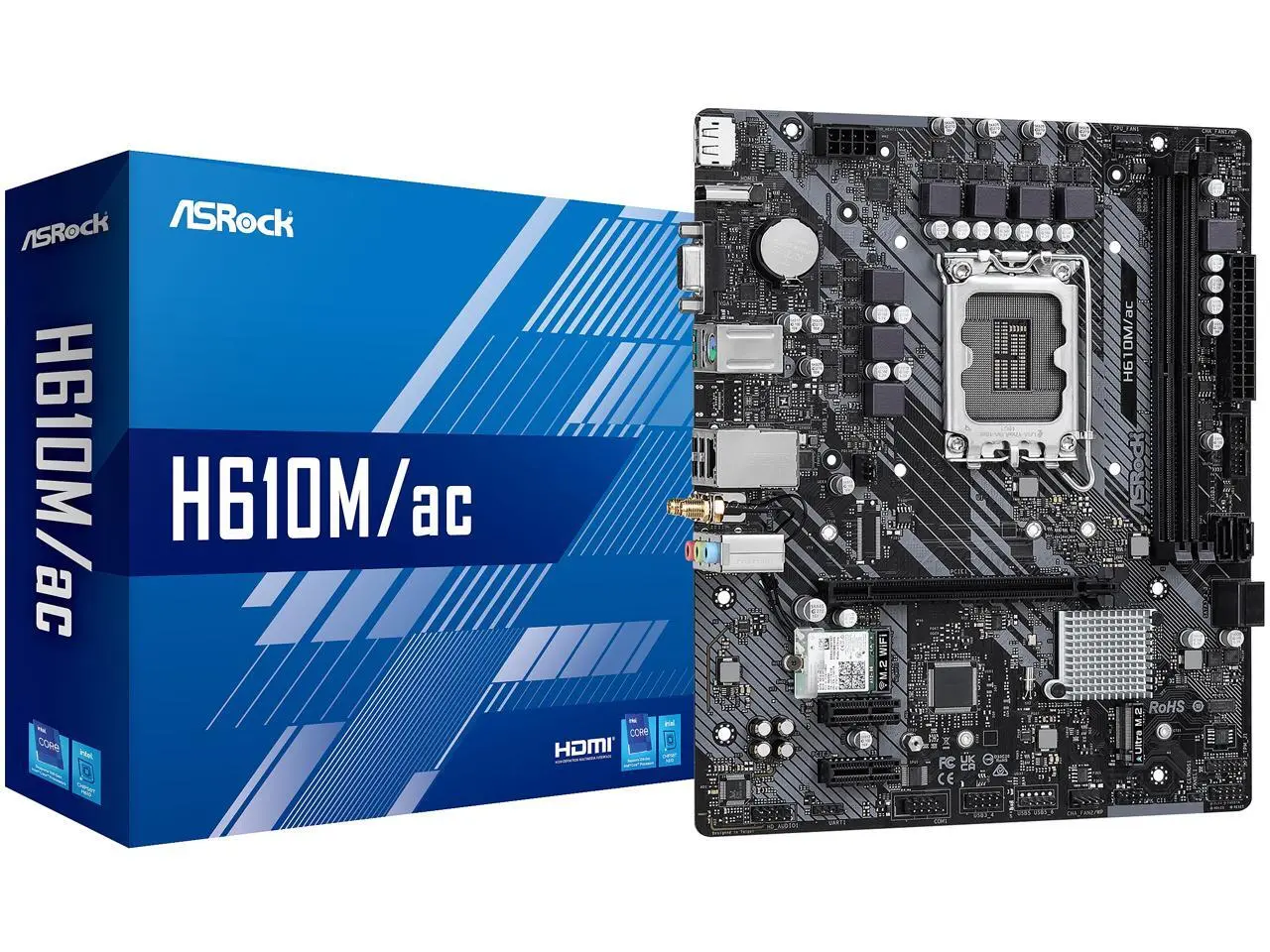 ASRock H610M/ac Intel LGA 1700 (14th/13th/12th Gen) mATX Motherboard (DDR4, PCIe 4.0, Ultra M.2, WiFi 5, Gigabit LAN, HDMI/DP/D-Sub, USB 3.2 Gen1)