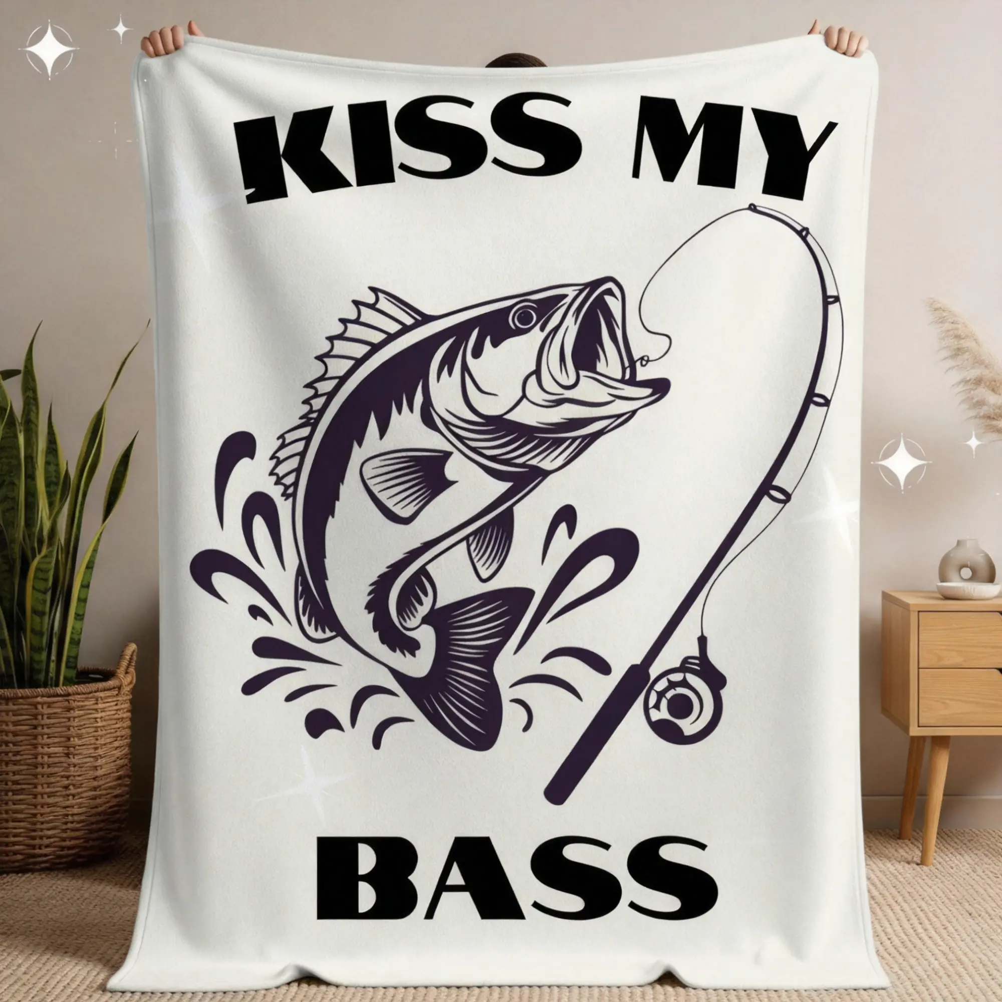 Classic Flannel Fabric Fishing-Themed Blanket - Printed Fish Design, Soft Texture, Funny "Kiss My Bass" Gift for Dad, Fathers Day & Sarcastic Birthday Present for Husband