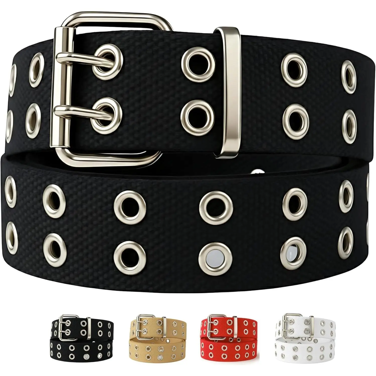Double Grommet Belt Canvas Punk Style Web Belt Double Eyelet for Women Men Jeans 2 Hole Belts 1.5'' Wide