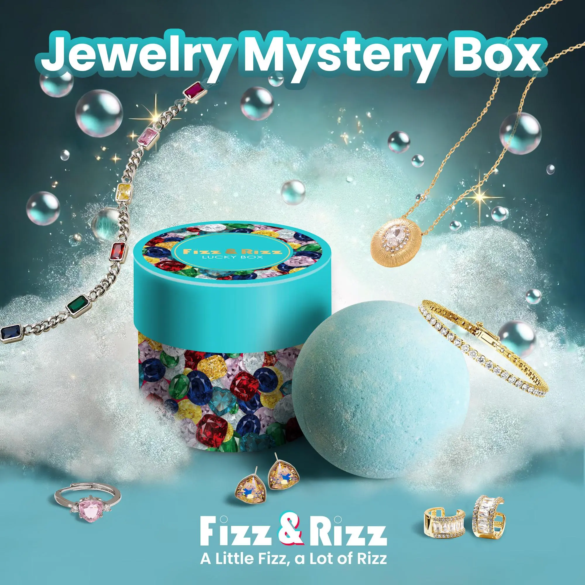 FizzandRizz by Yorkett Jewelry Mystery Box with Random Fine Jewelry Necklace Earrings Bracelet Charm Adjustable Ring Cute Fun Gift for Parties Valentine's Day Mother's Day