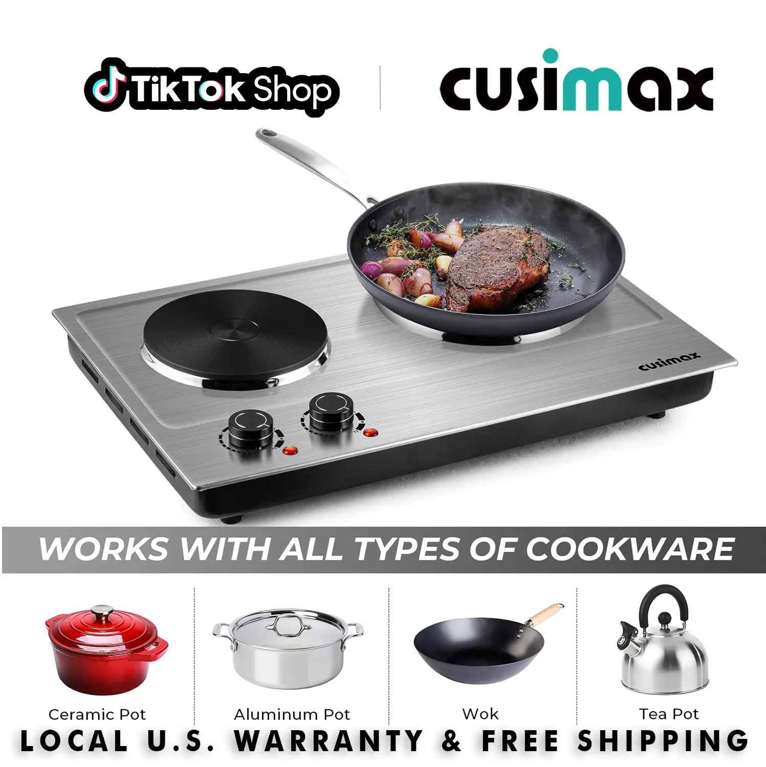 CUSIMAX 2-Burner,Corded Portable Hot Plate,1800W Stainless Steel Electric Cooktop, Dual Cast Iron Heating Plates, Auto Shutoff, Easy-to-Clean Silver Upgraded Version, Thermostatic Control,Kitchen Use,home essentials tiktokshopbacktoschool