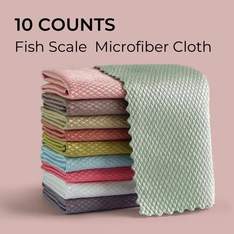 10 Counts Fish Scale Streak-Free&Lint-Free Magic Cleaning Cloth，Microfiber Reusable Cleaning Rags for Glass Mirror Window Car，Durable Miracle Polishing Towels Shiny Wipes，Multipurpose Absorbent Nanoscale Cleaning Cloth, Suitable for Home, Kitchen and Aut