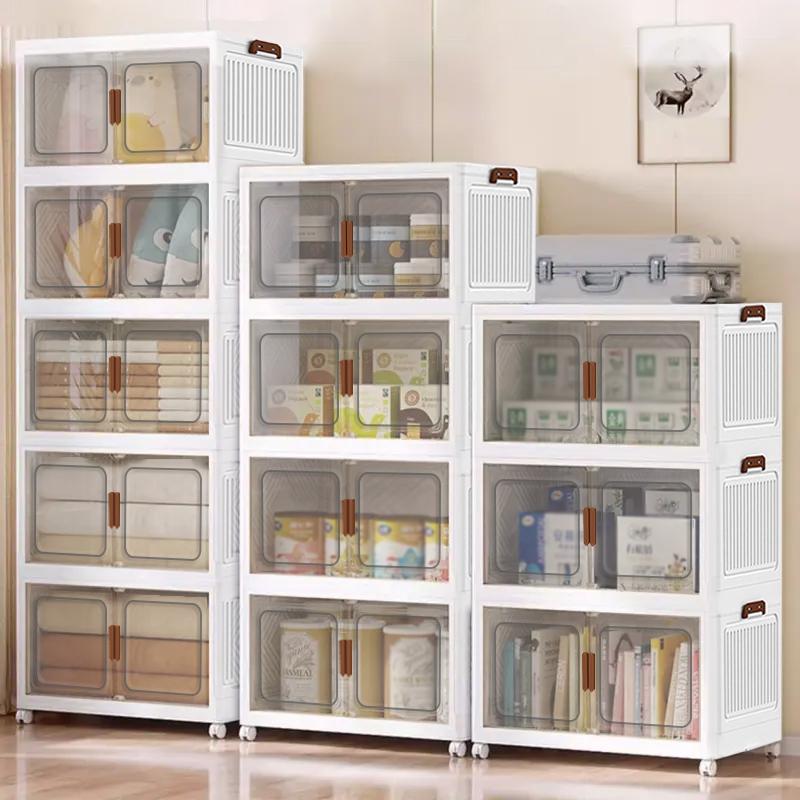 60CM-2/3/4/5 Layers Plastic Storage Box Organizer Stackable & Foldable with Magnetic Transparent Door for Kitchen Bedroom Living Room Study Office Saving Space