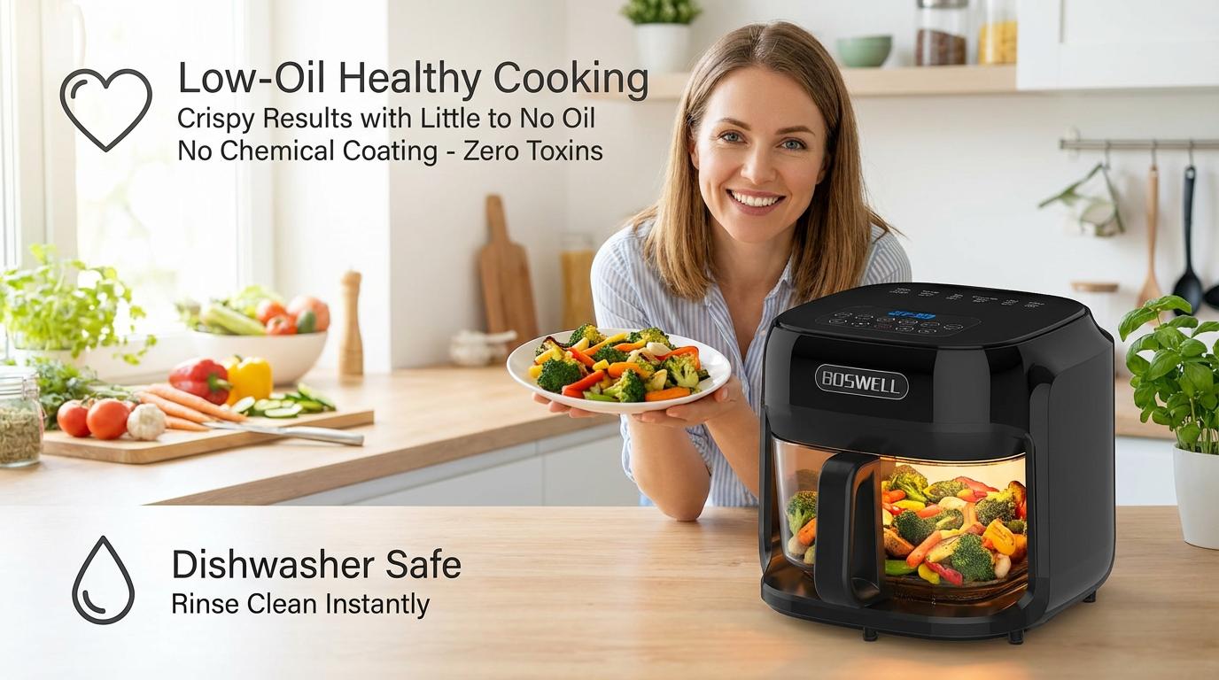 BOSWELL 7.5QT Glass Air Fryer with Transparent Bowl – 5-in-1 Rapid Heating, Fits a Whole Chicken, Oil-Free & Healthy Crispy Results, Dishwasher-Safe, A Perfect Gift for Family or Couples BOSWELL 7.5QT Glass Air Fryer with Transparent Bowl – 5-in-1 Rapid Heating, Fits a Whole Chicken, Oil-Free & Healthy Crispy Results, Dishwasher-Safe, A Perfect Gift for Family or Couples