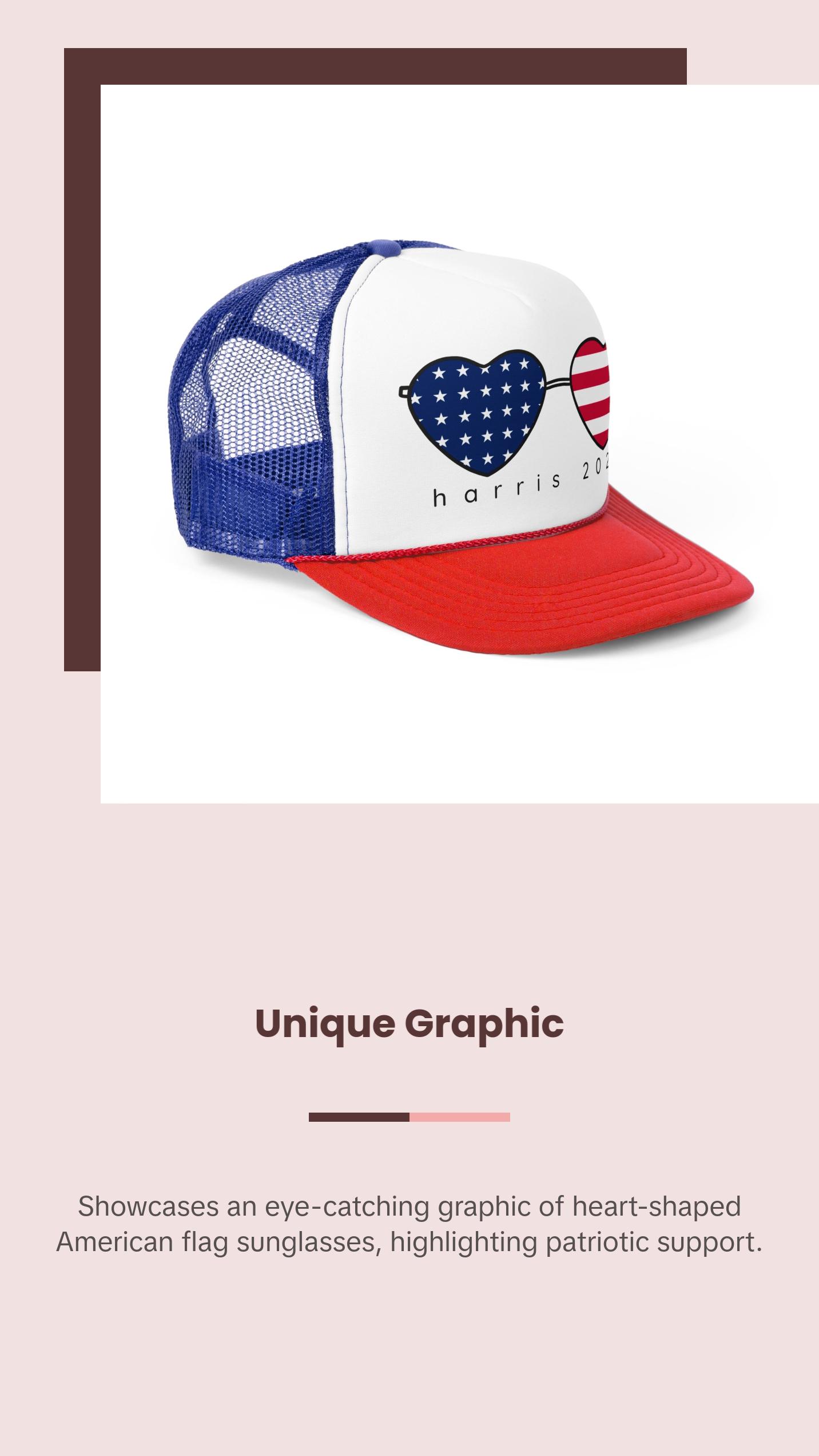 Kamala Harris Trucker Hat - American Flag Hearts Cap