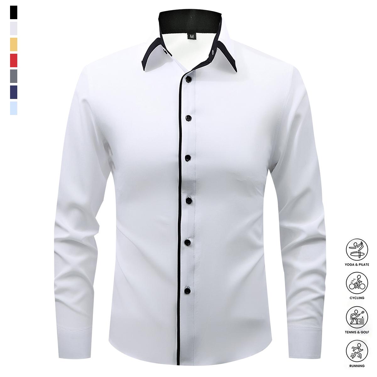 Men's Fashion Spring and Autumn Dress Light Business Long Sleeve Shirt Classic Double-breasted Elastic Contrasting Color Comfortable Breathable Sweat Top Men's Clothing