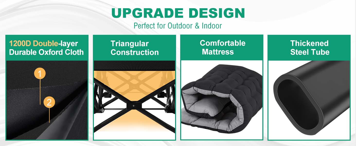 Lilypelle Folding Camping Cot w/3.3 Inch 2 Sided Mattress, Up to 880 Lbs Heavy Duty Sleeping Cots with Carry Bag, Folding Guest Bed, 1200 D Layer Oxford Portable Travel Camp Cots
