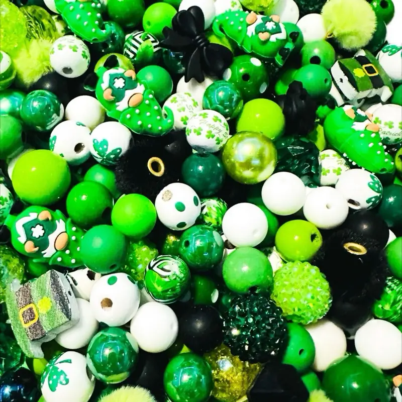 St Patrick's Day Mix -Assorted Green White Beads with Shamrock Design for Crafting and Jewelry Making Perfect for DIY Projects 200 grams random mix