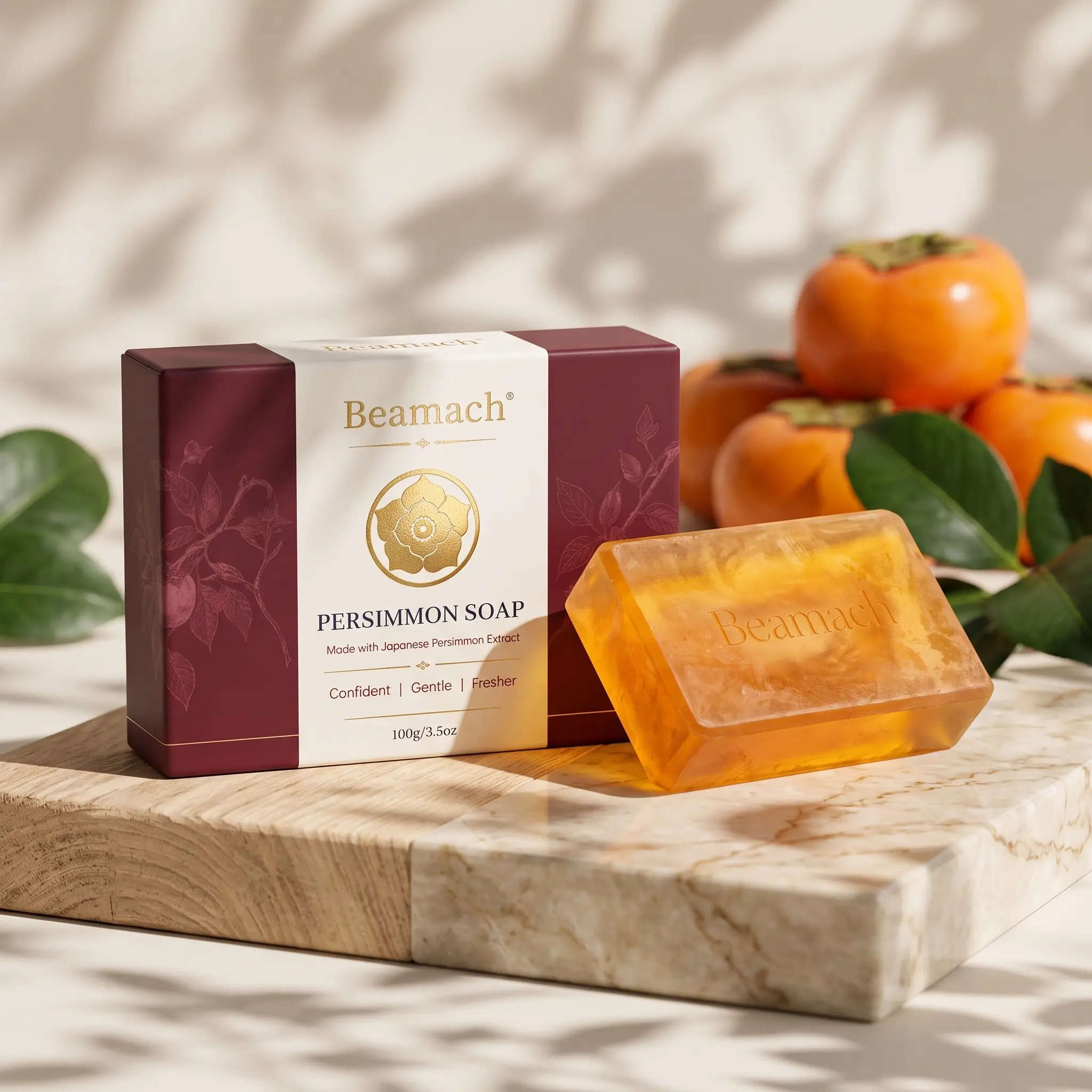 Beamach Persimmon Body Care Cleanser Soap Bar - Japanese Persimmon, Green Tea, Shea Butter Formula, Gentle Foaming Wash for Nonenal Skin (With Foaming Net)