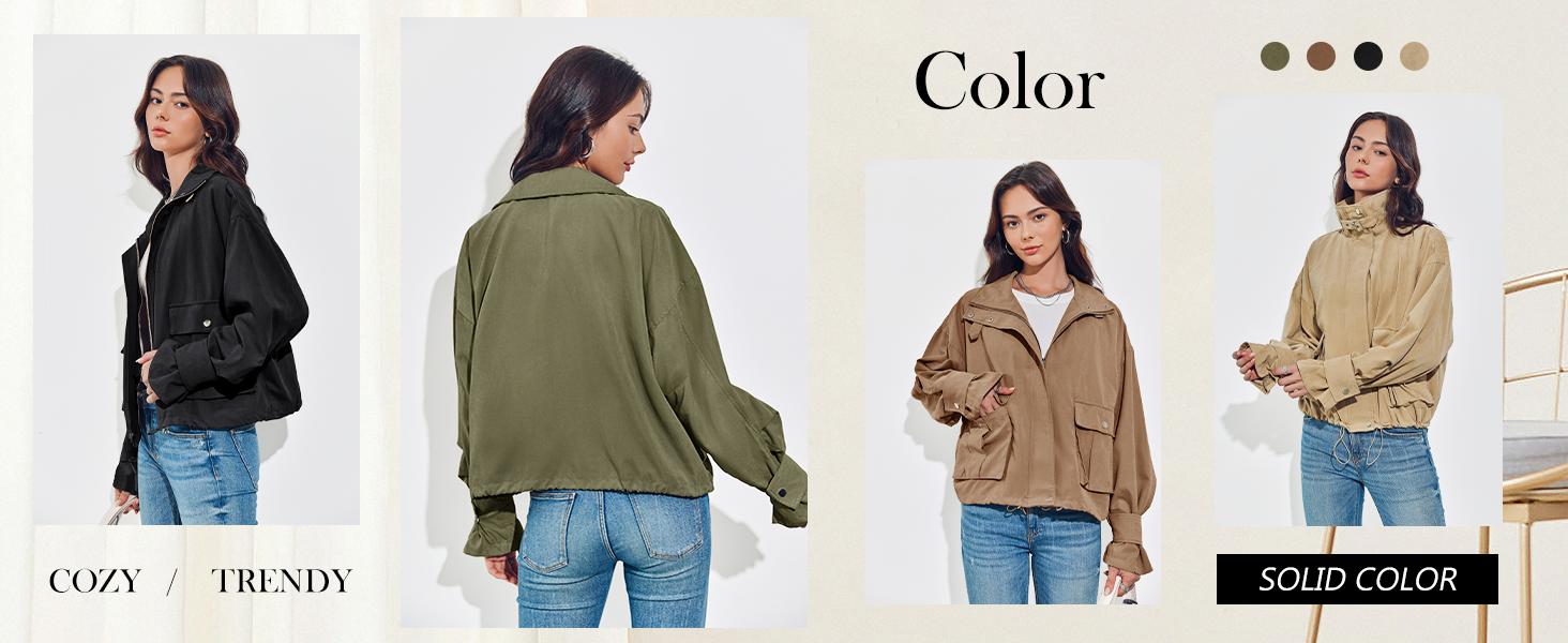 Imily Bela Womens Cropped Bomber Jacket Long Sleeve Zip Up Casual Coats Loose Fit Outerwear with Pockets