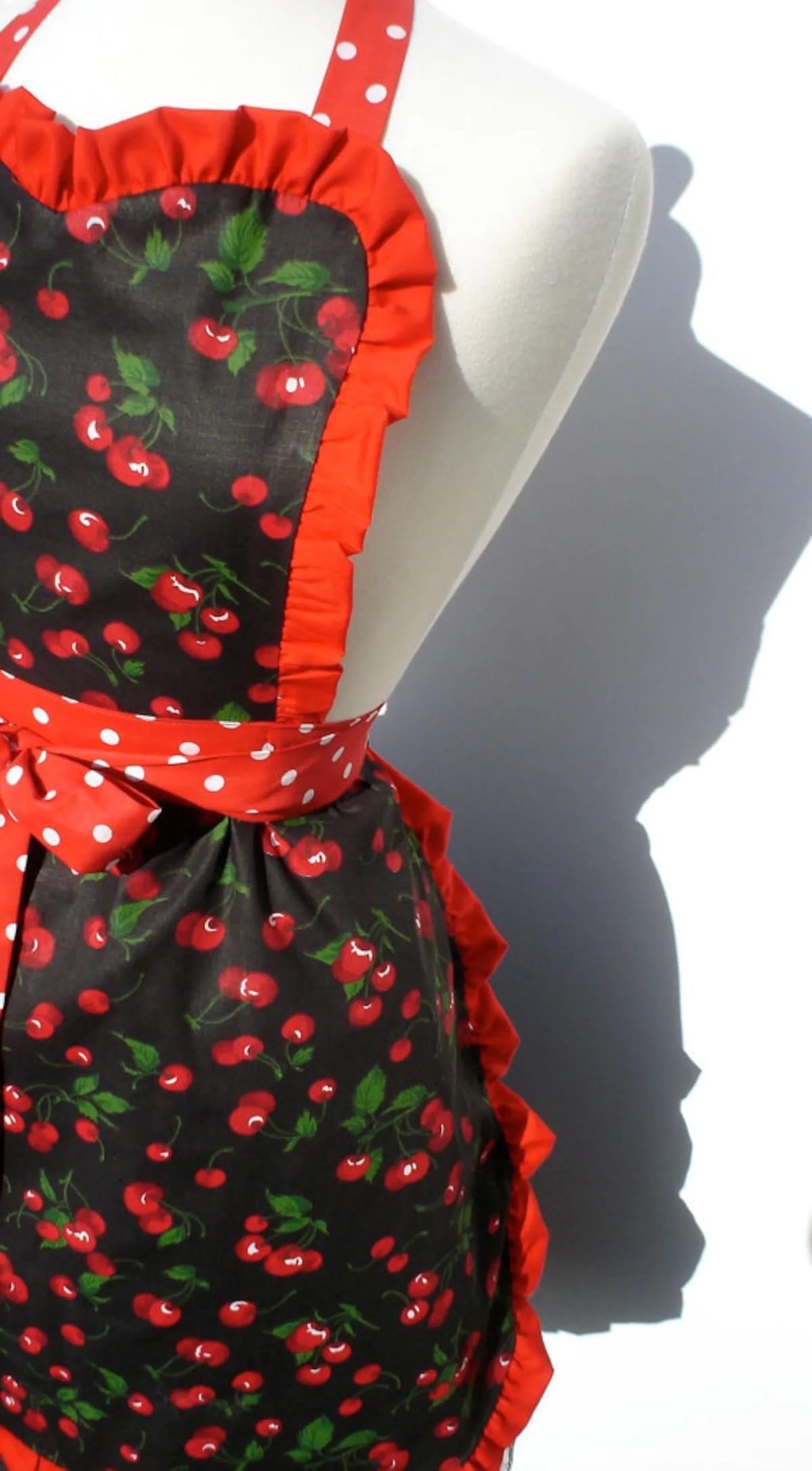 Red Retro Cherries and Polka Dot Cotton Apron #A918