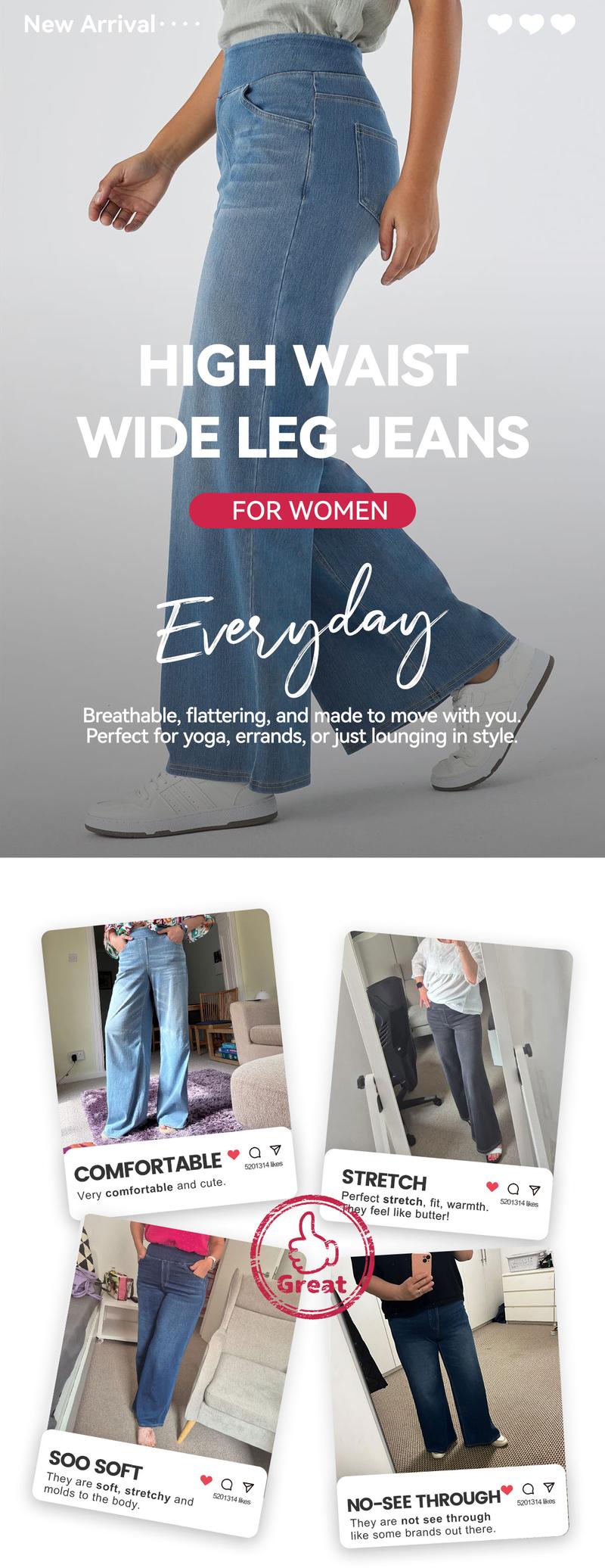 [Size Up] SHOWITTY Women's Wide-Leg High Waisted Straight Leg Jeans/ Crossover Flared Jeans with Pockets – Soft Cotton Pants