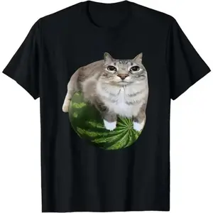 Watermelon Cat Silly Meme Graphic Tee Shirt For Men Fashion Round Neck Short Sleeve Top Casual Pullover T-Shirt
