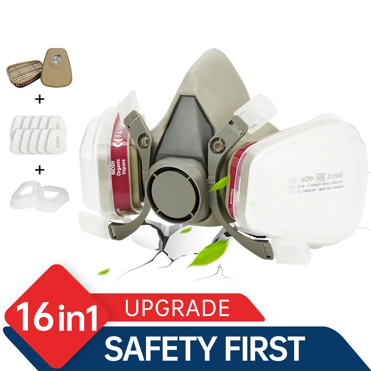 16 in 1 Dual Respirator Gas Mask Set Reusable Full Face Safety Mask with Double Filter & Goggles Anti Dust Anti Gas Chemical Protection for Spray Paint Welding Woodworking Grinding Construction Industrial Work Respirator Mask N95 Grade Safety Equipment