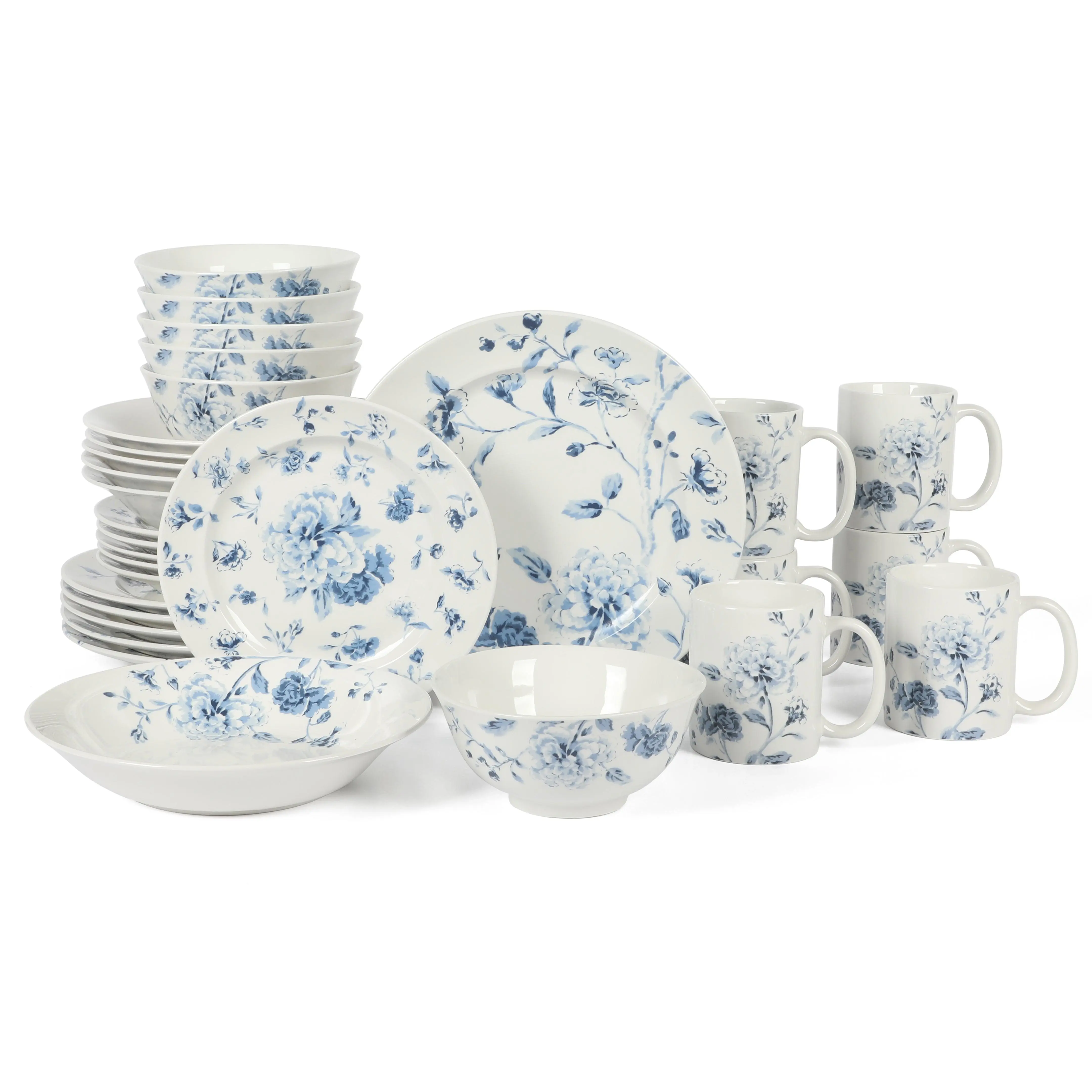 Martha Stewart Empress Bouquet 30-Piece Porcelain Dinnerware Set with Floral Plates, Bowls and Mugs, Blue, Service for 6