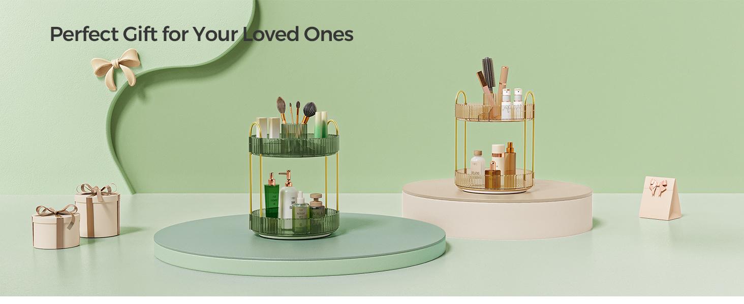 SONGMICS HOME Makeup Organizer, 3-Tier Round Rotating Skincare Organizer Countertop, Customizable, Toiletries Vanity Organizer, Lazy Susan, Gift