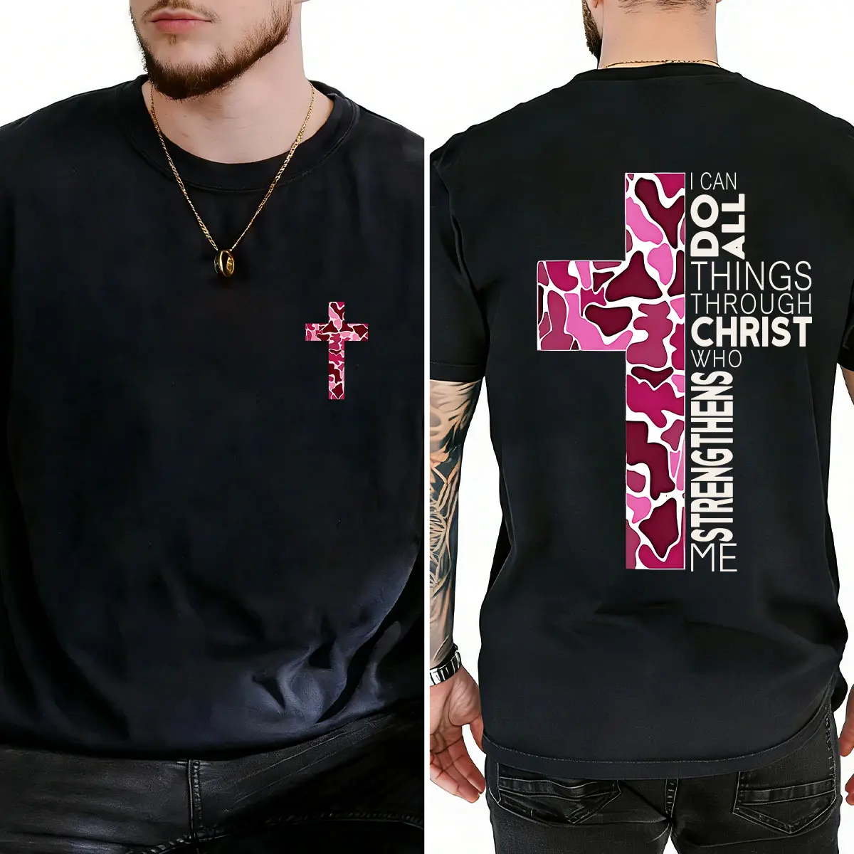 Men's Tshirt with Scoop Neck, Pink Faith-Based Graphic Print, Soft Heavyweight Tops Made in USA