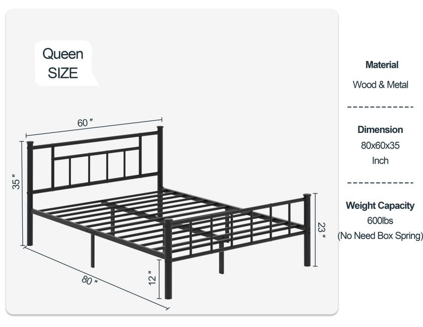 Walsunny Platform Minimalist Bed Frame with Classic Design Headboard and Footboard, Strong Metal Slat Support & Underbed Storage Space, Black Queen Size