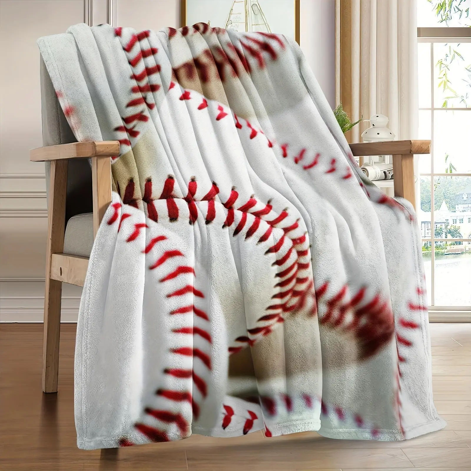 Classic Baseball Graphic Print Flannel Throw Blanket, Ultra Soft Lightweight Polyester Cozy Cover for Bedroom Office Travel Camping, Sporty Neutral Home Decor, Perfect All Season Napping Blanket for Sports Fans