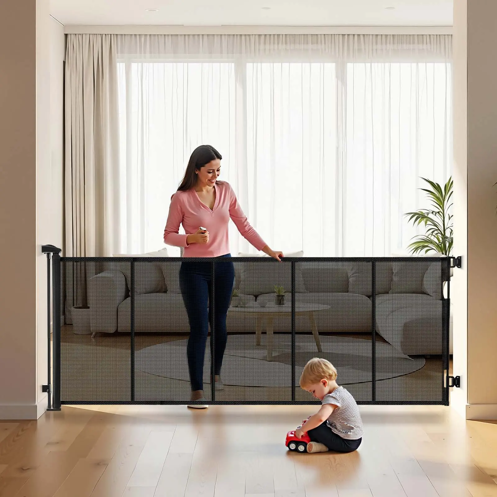 【Summerfinds】VEVOR Retractable Sturdy Safety Fence - 31.3in Tall, 122in Wide, 6.39 Lb / 2.9 Kg, Reinforced Fiberglass Strips, Hook-End Design, Anti-Crawling, Easy-Install Black PVC Mesh Gate, Indoor Damage-Free Baseboard Fit