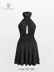 Elengatine Women’s Black Cross Halter Neck Dress, Sexy Plunging V-Neck, Ruched Waist Design, Flowy Skirt with Side Slit, Slim Fit Bodycon Silhouette, Elegant and Chic Look, Premium Soft Fabric, Perfect for Summer Night Out, Party Dress or Vacation KBL0014