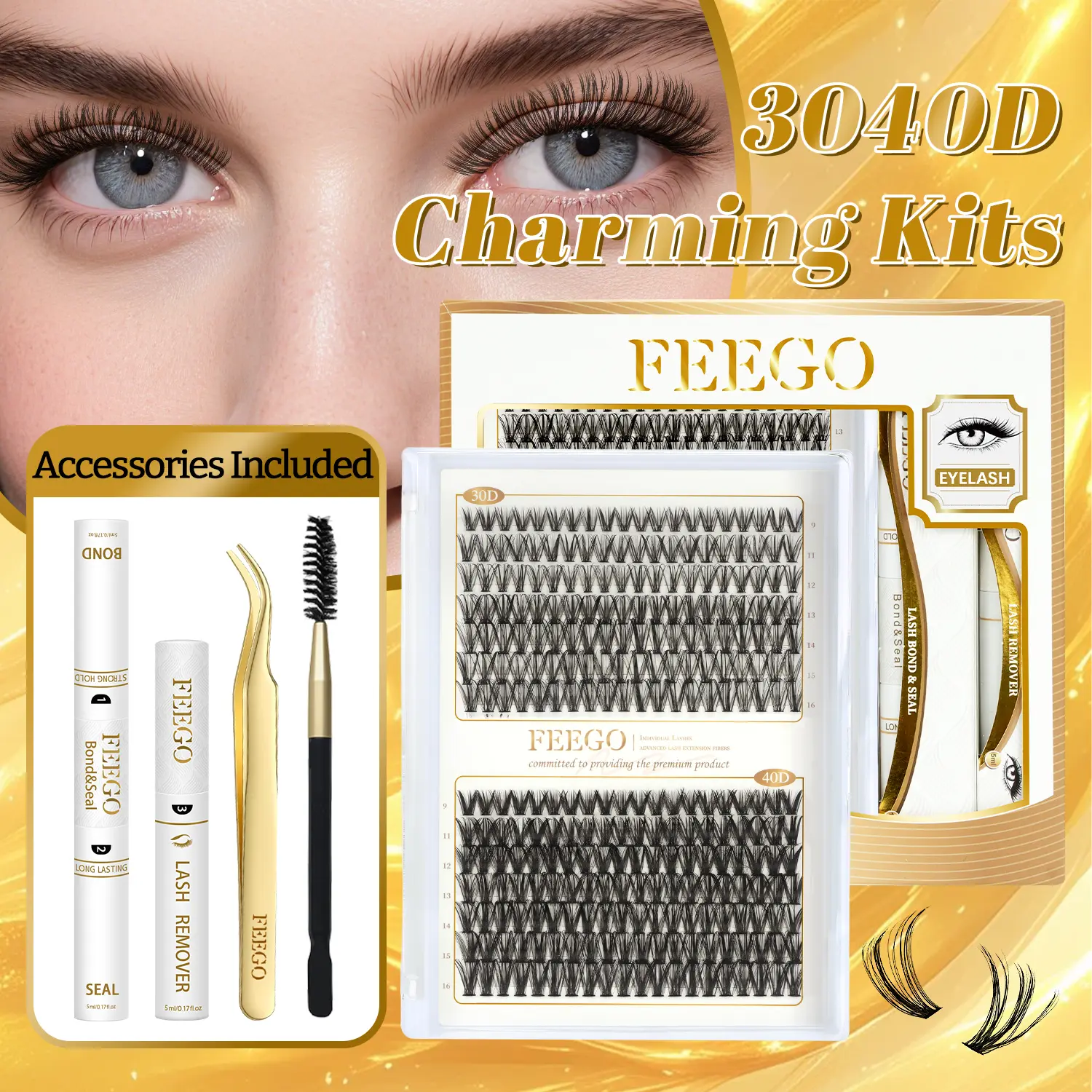 feego Eyelashes Extensions Kit, 280 Pcs DIY Wispy Clusters, 30D-40D D Curl, 9-16mm Mixed Lengths, Combo Set False Eyelashes & Adhesives with Bond, Seal, Remover & Tweezers, Makeup