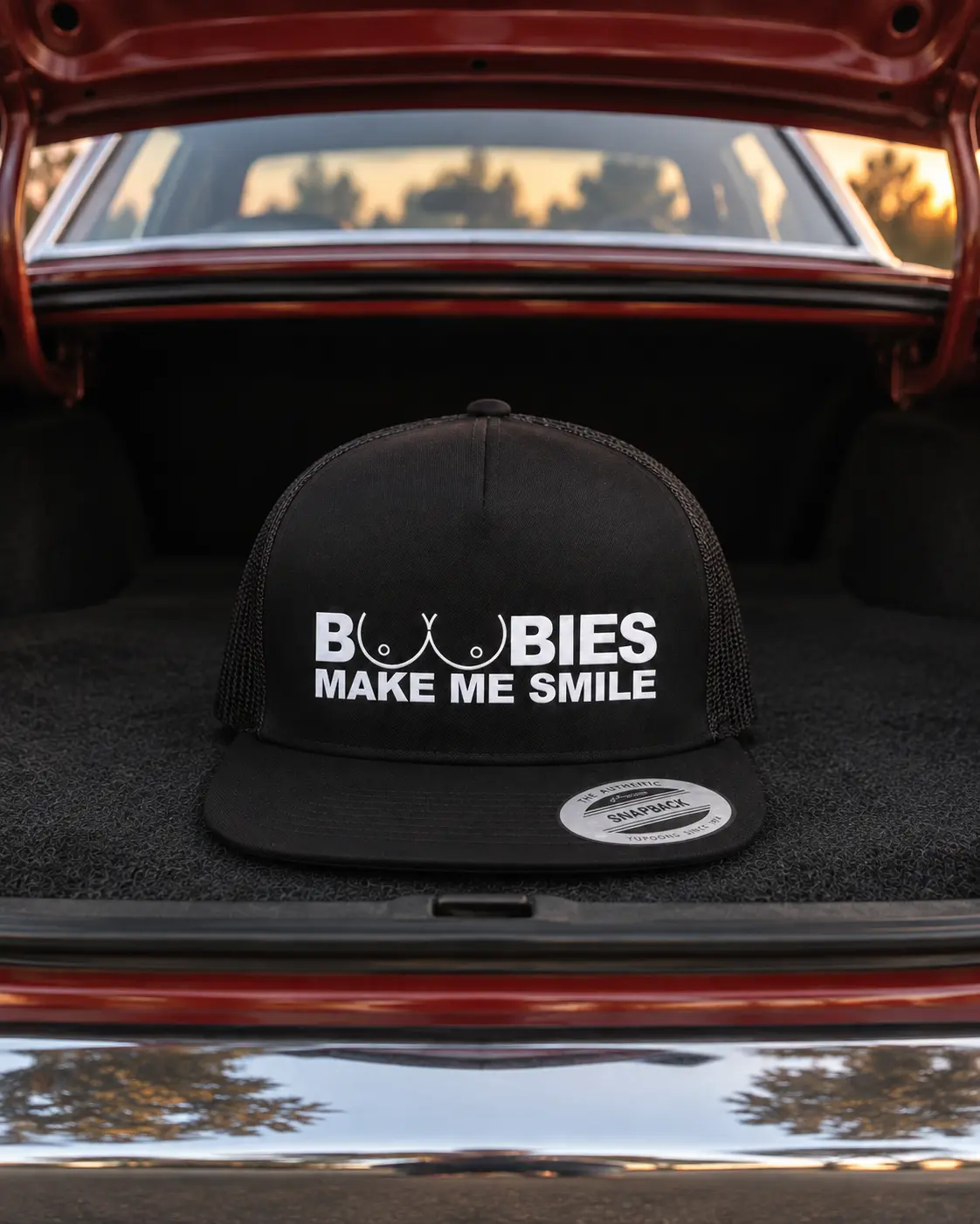 Boobies Make Me Smile Embroidered Trucker Hat, Funny Black Mesh Snapback Cap, Novelty Baseball Hat, Adjustable Adult Humor Gift for Men
