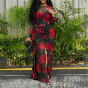 ChicMe Women's 2 Pieces Outfit Floral Print Long Sleeve Tie Waist High Slit Sheer Mesh Maxi Dress with V-Neck Adjustable Spaghetti Straps Cami Mini Dress