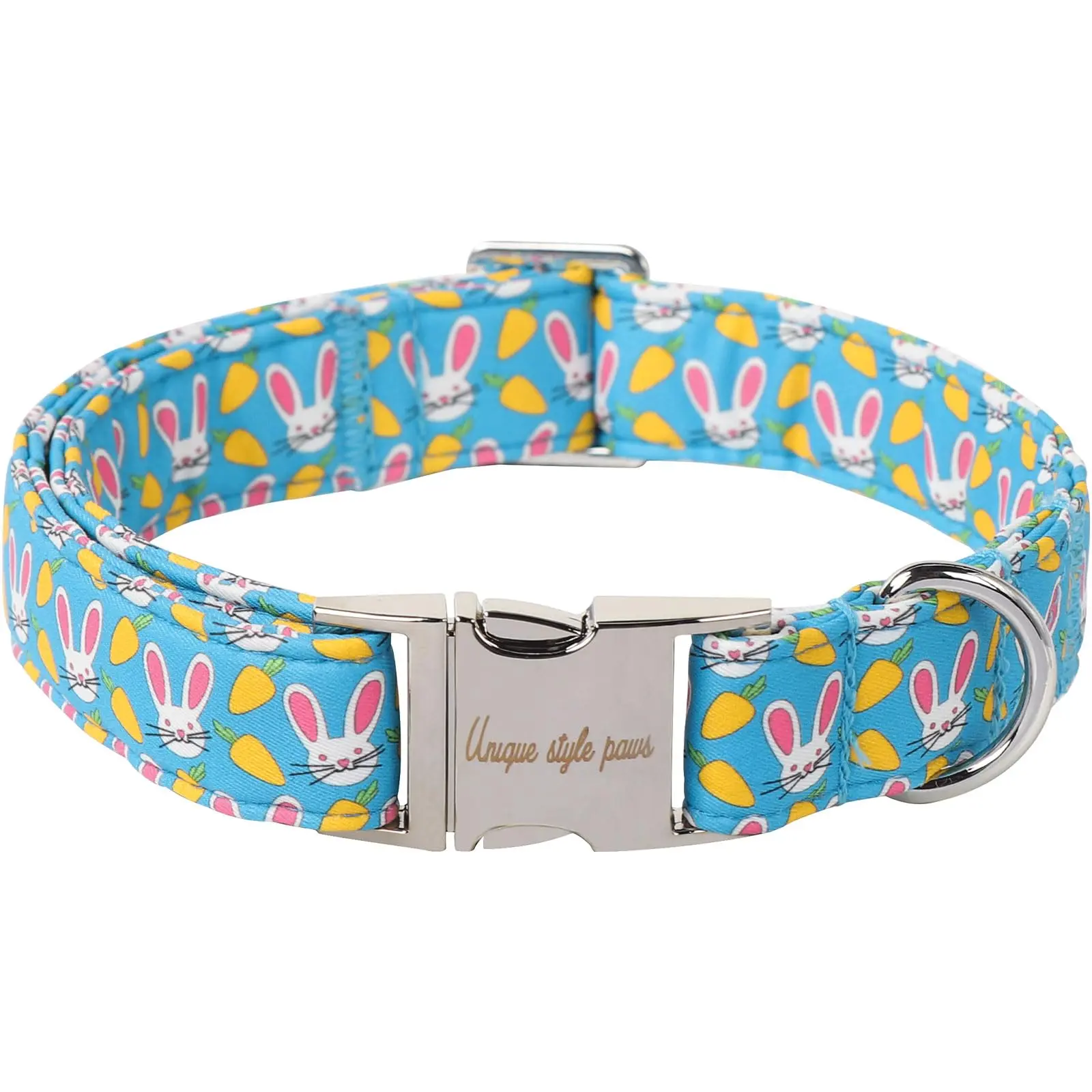 UNIQUE STYLE PAWS Pure Cotton Easter Dog Collar - Cartoon Print, Pink Bunny Ear & Carrot Design, Metal Buckle, Adjustable, Multi-Size for Small/Medium/Large Dogs, Chew Resistant, All-Day Softness, Ideal for Easter Parties & Holiday Photos