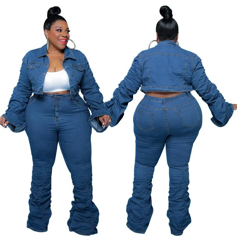 Plus Size Women’s Clothing 2025 Autumn Winter New Vintage Blue Washed Denim Casual Two-Piece Set with Pleated Pants and Long Sleeve Jacket Ladies Cozy Trendy Soft Durable Stylish Smooth Elegant Cute Everyday