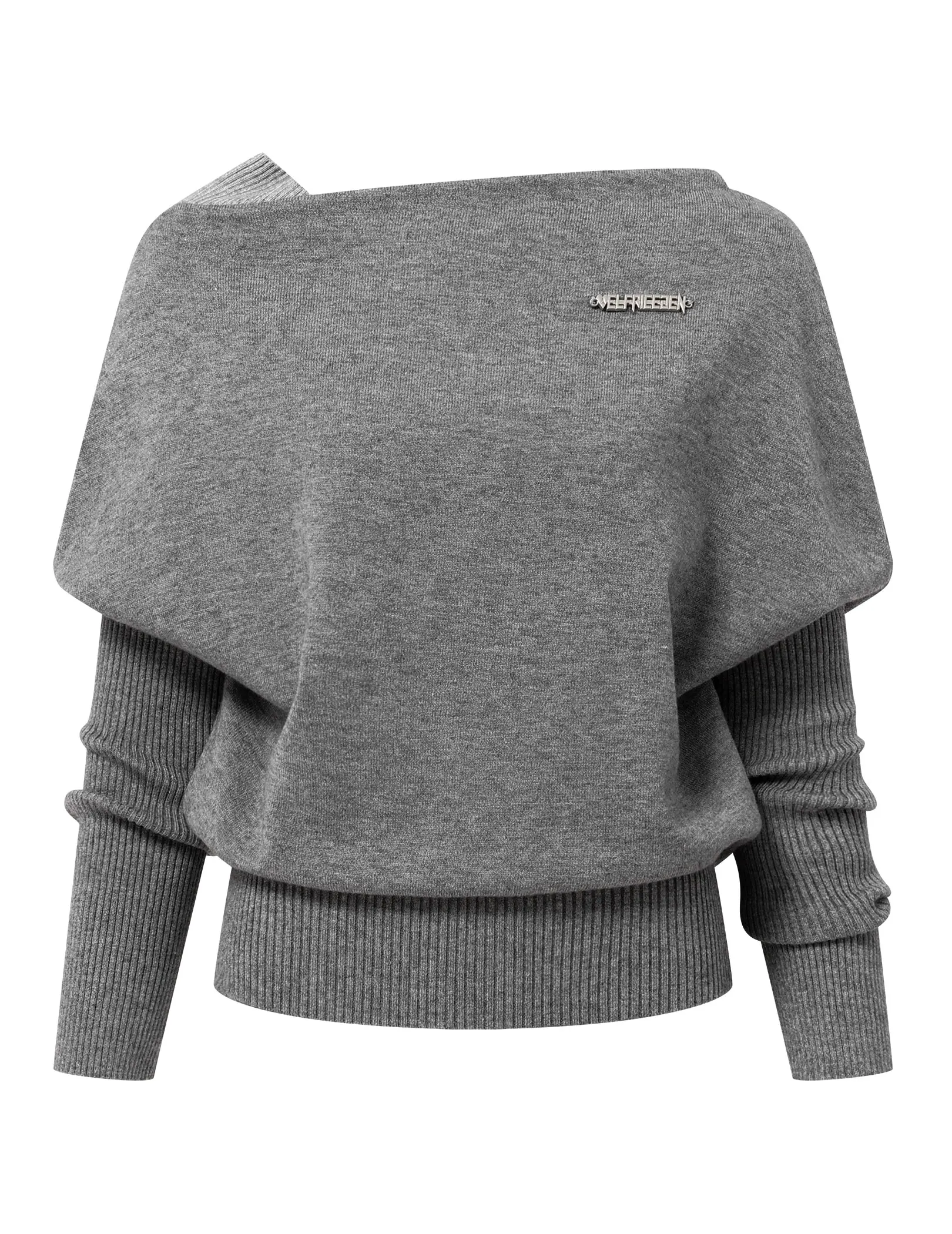 Aelfric Eden Women's Elegant Fitted Off-Shoulder Draped Knit Sweater - Asymmetric Cut, Layered Ribbed Sleeves, Metal Brand Logo Pin, Ribbed Waist Hem, Soft Viscose Fabric, Minimalist Streetwear Vibe Medium-Length Basic Casual Knit Top, Knitwear
