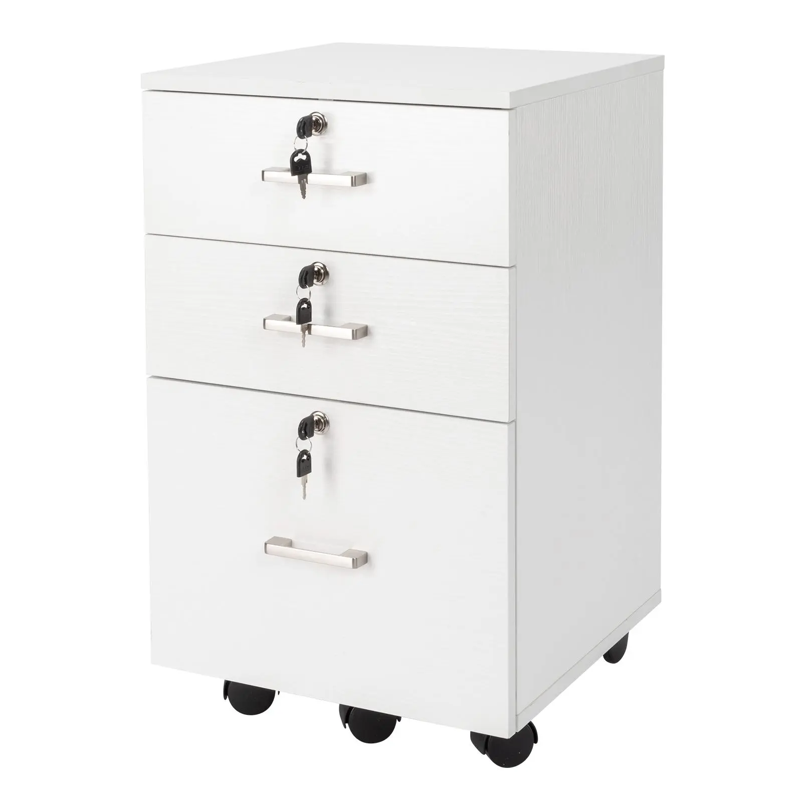 FCH White Wood Grain Formaldehyde-Free Density Board 3-Drawer Lockable File Cabinet with 4 Lock Wheels, 3-Drawer Access Office Commercial Furniture for Restaurant, Craft Room