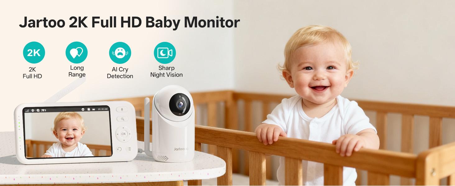 Jartoo 2K 5.5" Video Baby Monitor with Camera and Audio,AI Cry Detect 1860ft Long Range Baby Monitor No WiFi Baby Camera Wireless,Clear Night Vision,ANC, 2-Way Talk,White Noise,6000mAh Jartoo 2K 5.5" Video Baby Monitor with Camera and Audio,AI Cry Detect 1860ft Long Range Baby Monitor No WiFi Baby Camera Wireless,Clear Night Vision,ANC, 2-Way Talk,White Noise,6000mAh
