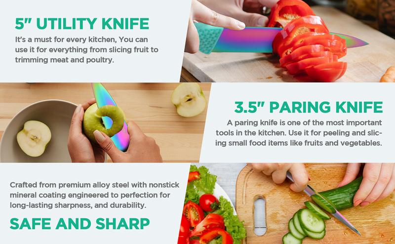 #JumpstartSale HAUSHOF Kitchen Knife Set, 5 Pieces Rainbow Knife Sets with Arcylic Block, Sharp Green Knives Set for Kitchen, Stainless Steel Knives Set with Ergonomic Handle, Great for Slicing, Dicing&Cutting