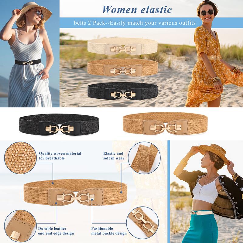 AWAYTR Women Boho Braided Belt Elastic Waist Ladies Straw Belts Metal Buckle Breathable Belt for Dress 2Pcs/Set TikTokShopBlackFriday AWAYTR Women Boho Braided Belt Elastic Waist Ladies Straw Belts Metal Buckle Breathable Belt for Dress 2Pcs/Set TikTokShopBlackFriday