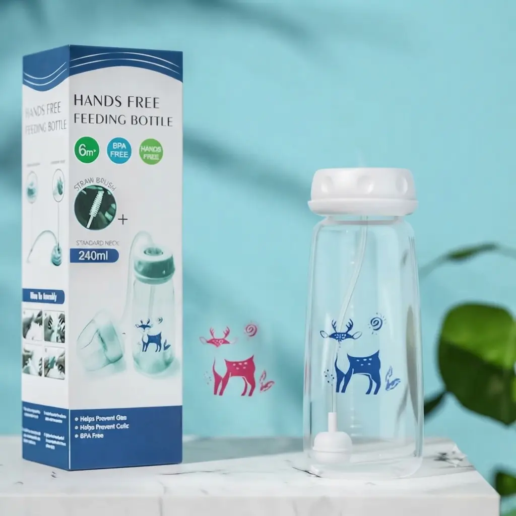 Anti-Colic Hands-Free Infant Straw Bottle, 240Ml / 8Oz BPA-Free Glass-Like Drop-Proof High-Temperature Resistant, for 6-9 Months Infants, Gift Box for Baby Showers